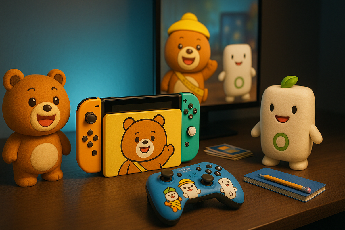 Adorable gaming console setup with colorful controllers and plush mascots, radiating warmth and nostalgic joy