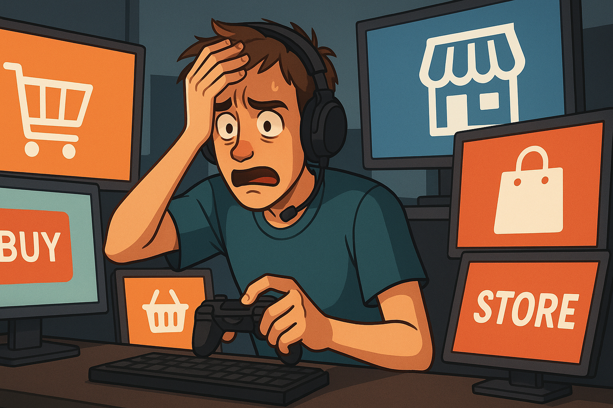 Frustrated gamer surrounded by glowing store screens, overwhelmed while trying to secure a rare gaming console online