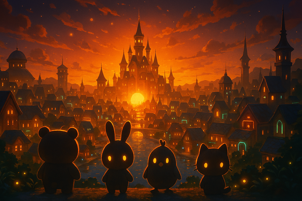 Silhouetted animal friends gazing at a magical city at sunset, evoking wonder, hope, and the promise of a new adventure