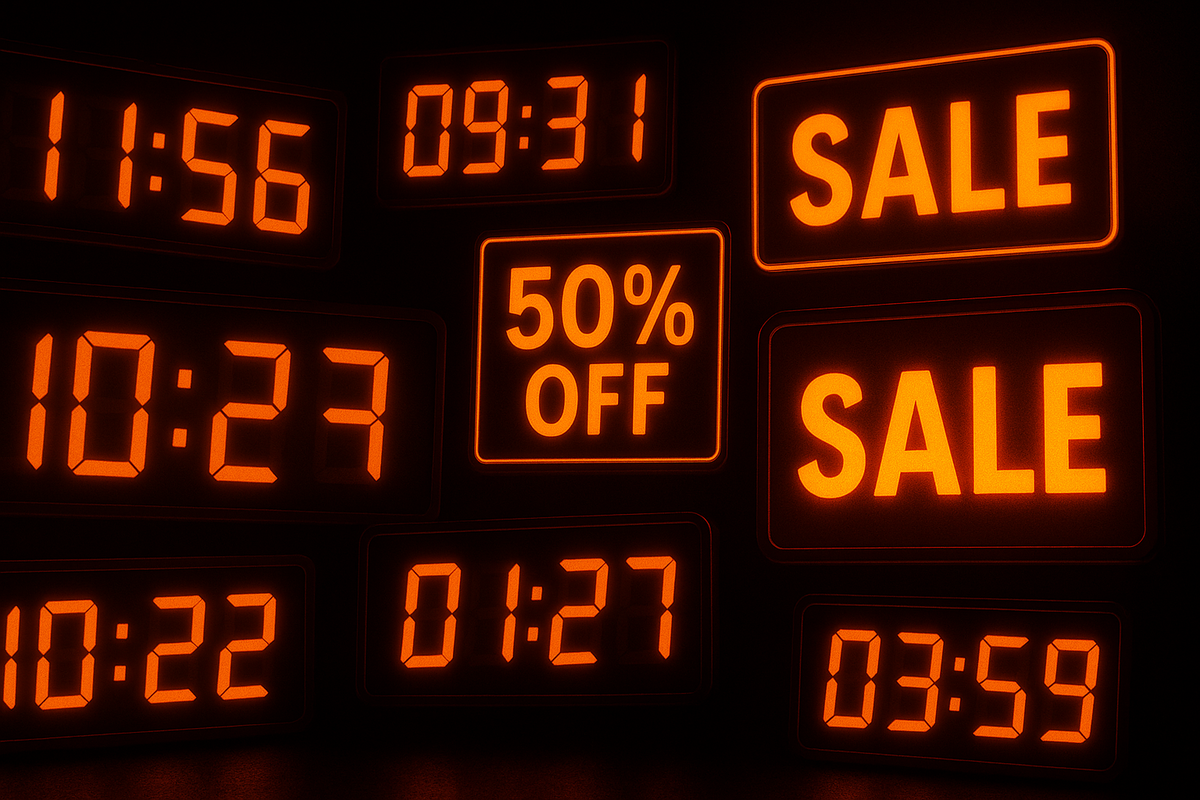 Bright orange digital countdown timers and bold SALE signs glowing in the dark, creating intense urgency and adrenaline rush