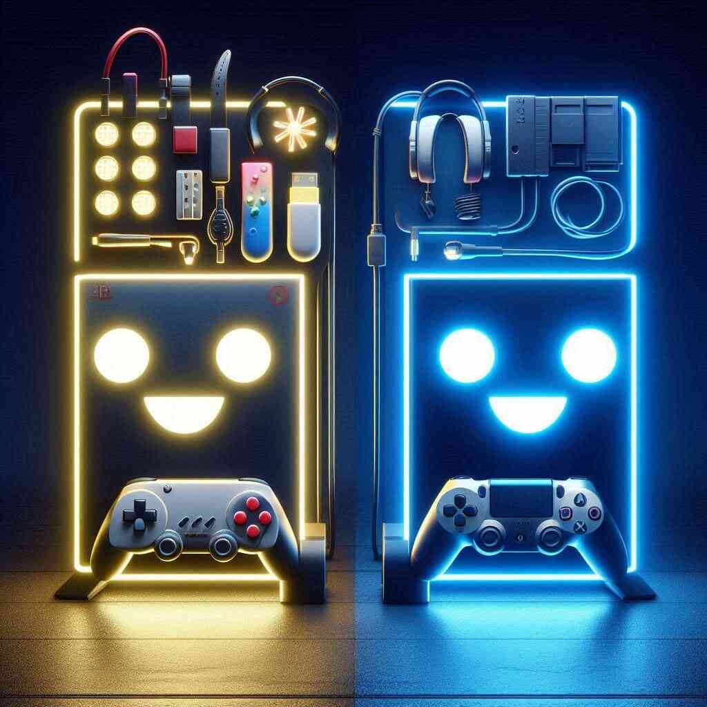 Neon-lit gaming accessories arranged in a joyful smiling face pattern, radiating excitement and playful energy for gamers