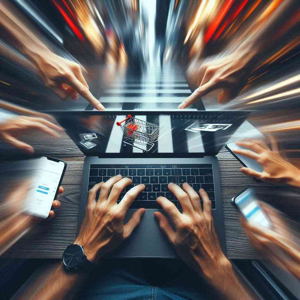 Hands rapidly typing on a laptop with a glowing shopping cart icon, surrounded by motion blur and urgency, capturing the thrill of racing to buy