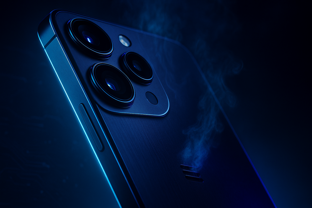 Close-up of a cutting-edge smartphone under dramatic blue lighting, sleek metal and glass body emitting a subtle heat-like glow, evoking awe and desire for unmatched innovation.
