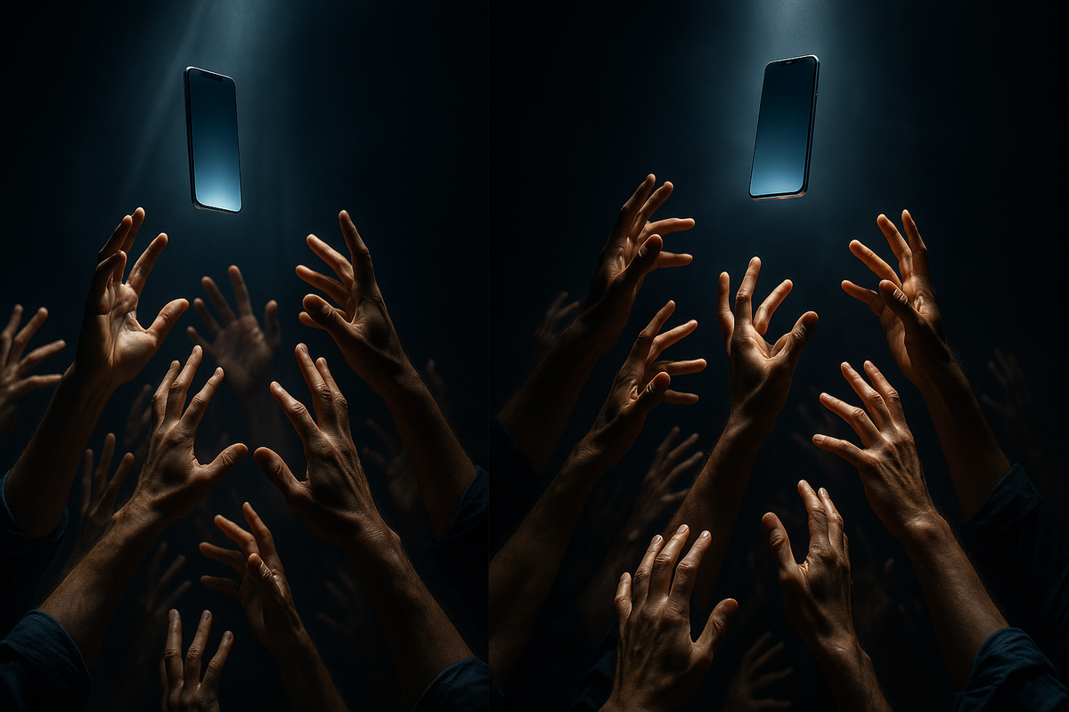 Dozens of desperate hands reaching upward toward a spotlighted smartphone floating in darkness, capturing the frenzy, longing, and electric energy of a once-in-a-lifetime tech release.