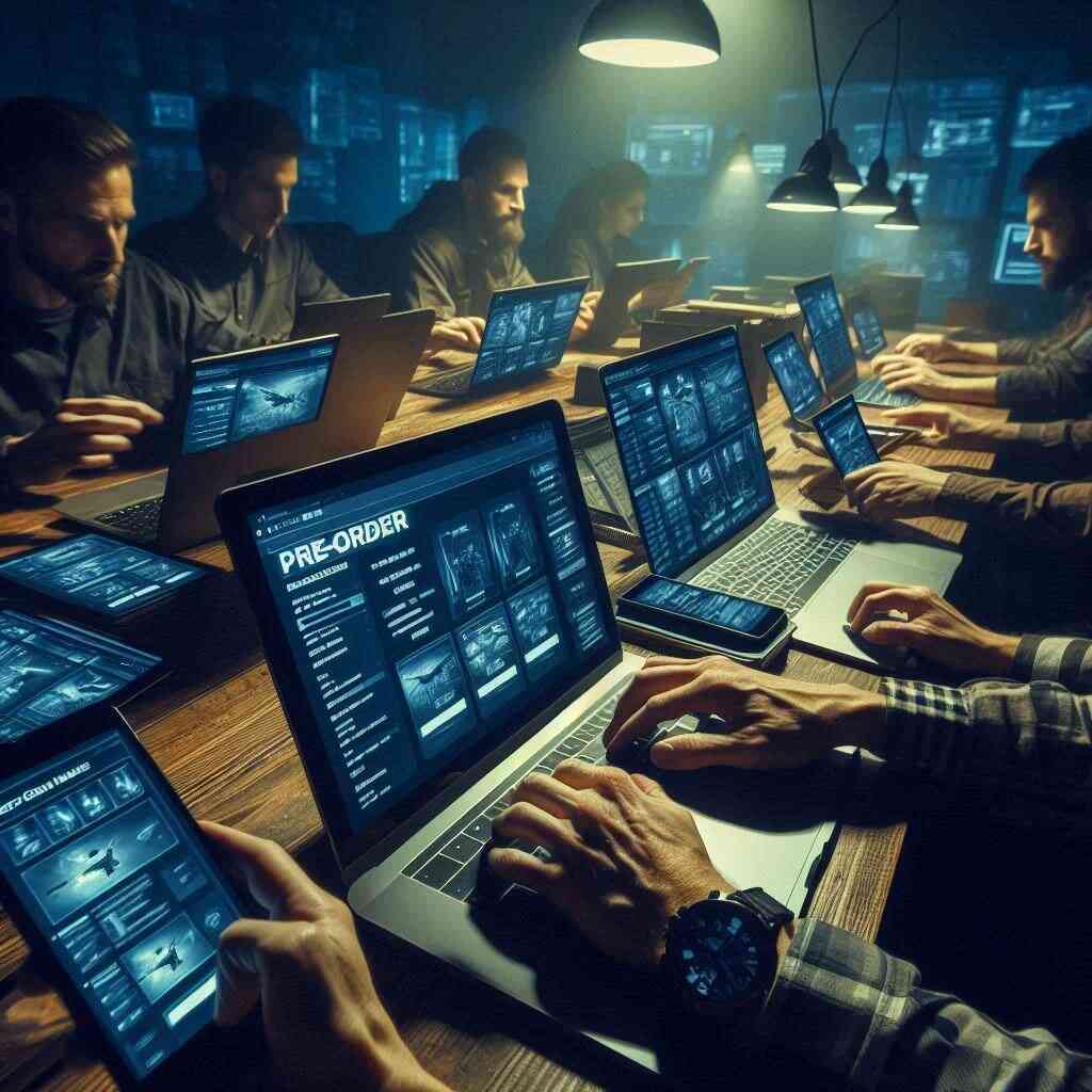 Room filled with determined individuals at glowing laptops and tablets, locked into intense synchronized pre-order attempts, radiating urgency and competitive adrenaline.