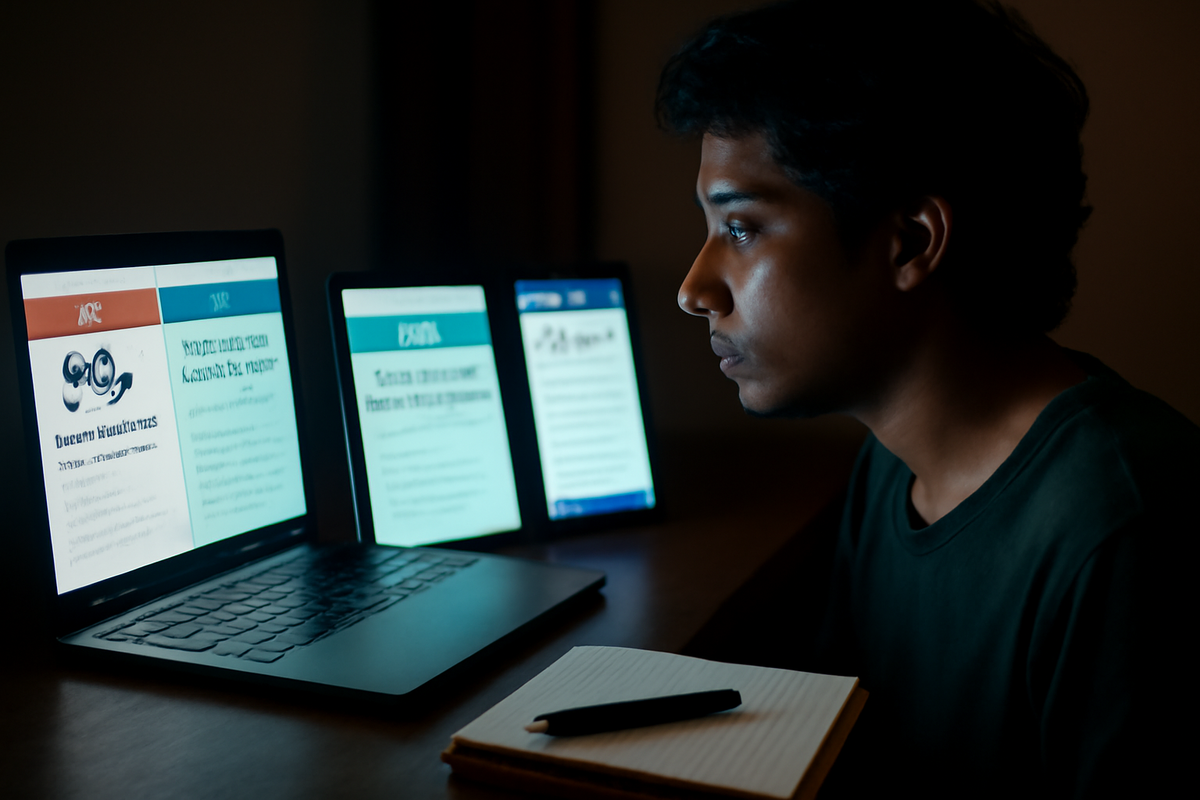 Focused young man at night, surrounded by multiple glowing screens, absorbing every detail of a crucial smartphone launch strategy, his gaze charged with resolve and quiet tension.