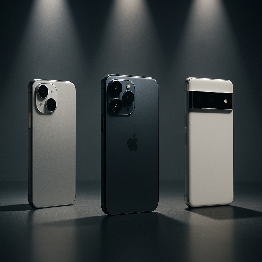 Three flagship smartphones displayed under moody spotlights, each exuding prestige and cutting-edge design, igniting desire and sparking fierce comparison among tech enthusiasts.