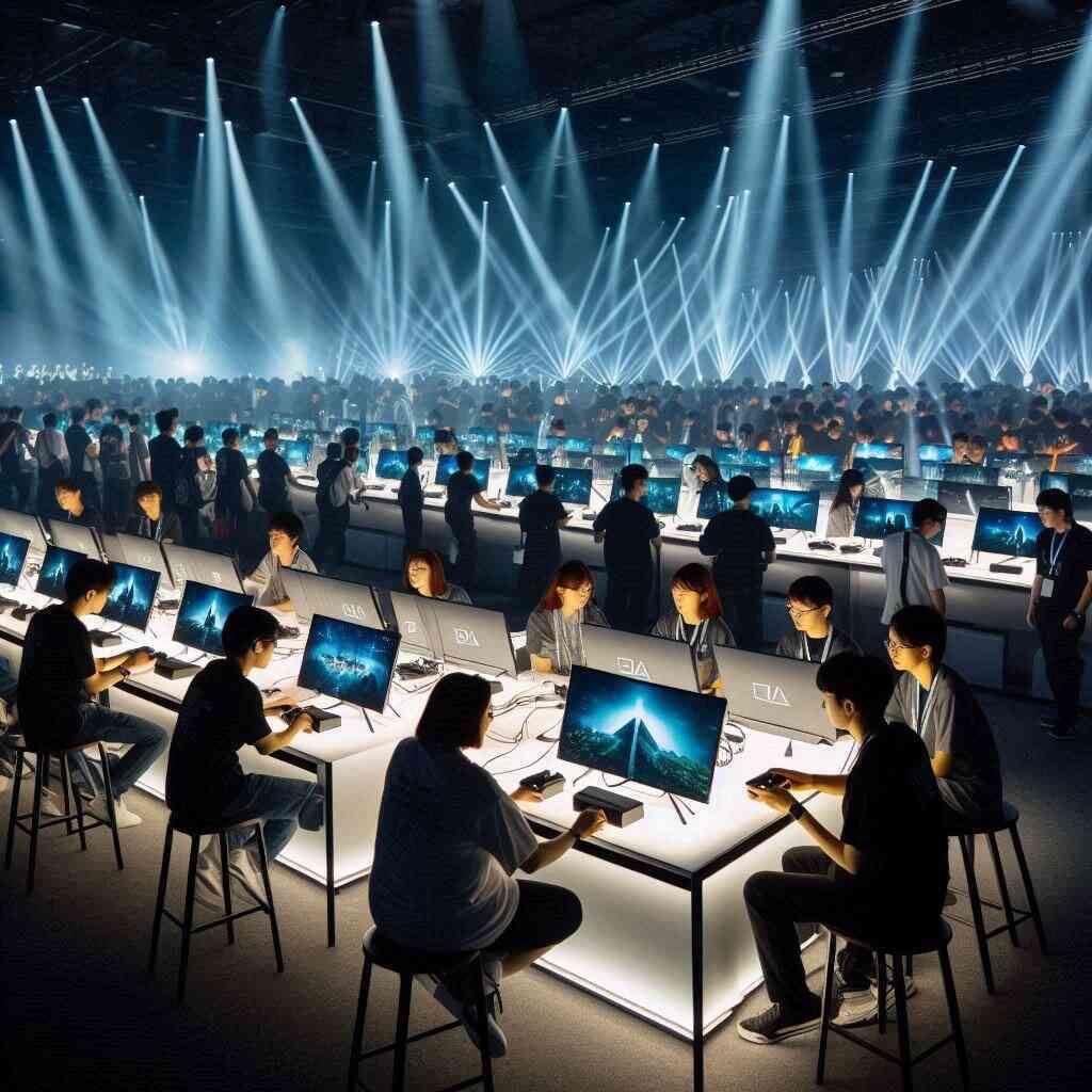 Vast gaming arena with rows of glowing screens and focused players, dramatic beams of light cutting through the air, evoking the intensity and spectacle of a high-stakes tournament