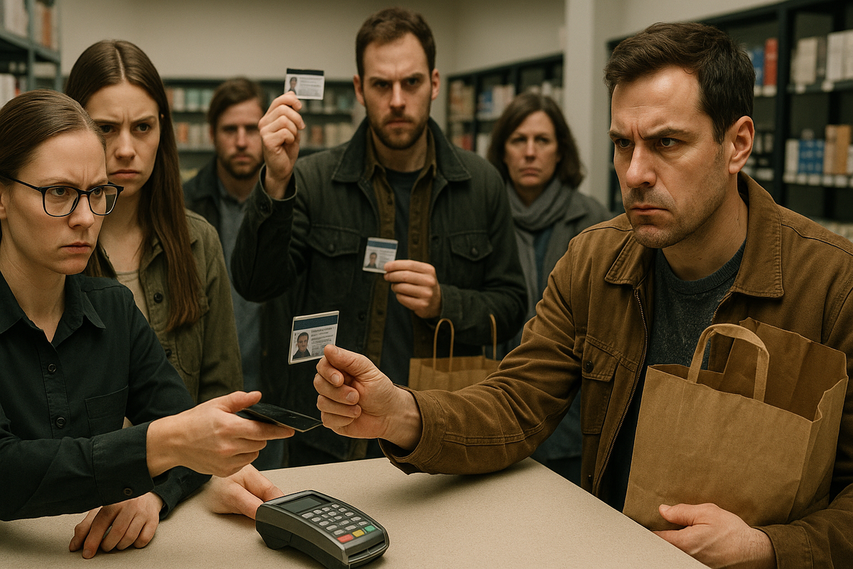 Serious customers presenting IDs at a counter, brows furrowed in determination, conveying the gravity and frustration of strict verification rules