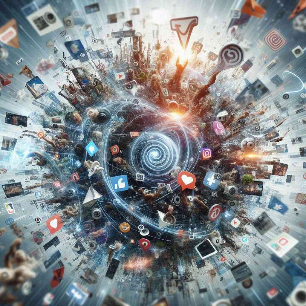 Explosive swirl of social media icons and human figures, symbolizing the chaotic storm of online rumors, excitement, and viral information spread