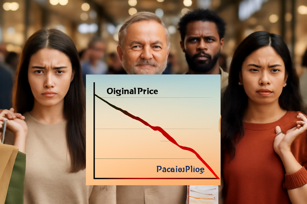 Group of shoppers with determined expressions standing behind a price drop chart, reflecting the emotional impact of plunging market value and shifting buying power
