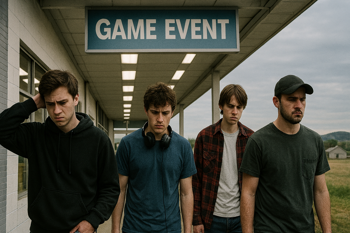 Four disappointed gamers walking away from a game event under a cloudy sky, faces marked with frustration and defeat, embodying the sting of missed opportunities
