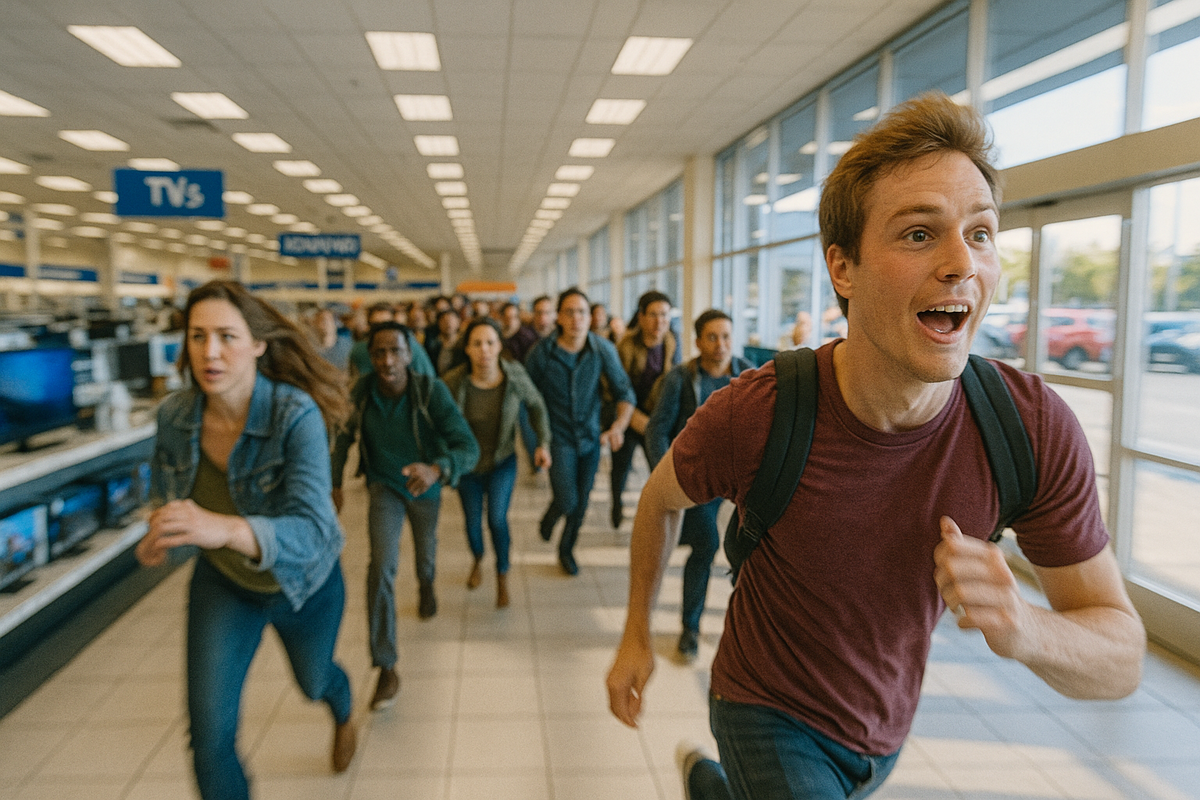A rush of determined shoppers sprinting through a bright electronics store, eyes wide with urgency and excitement, capturing the raw chaos of a legendary product drop.