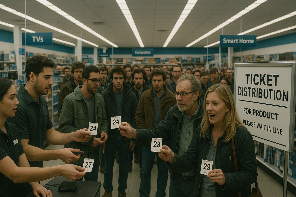 Intense crowd gathered for ticket distribution inside an electronics store, gripping numbered cards with eager anticipation and competitive tension in the air.