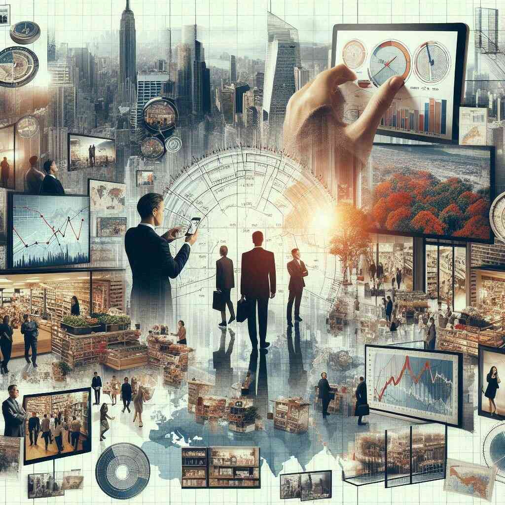 Dynamic collage of bustling cityscapes, sales charts, and busy retail scenes, symbolizing strategic planning and the high-energy race to capture market opportunities.
