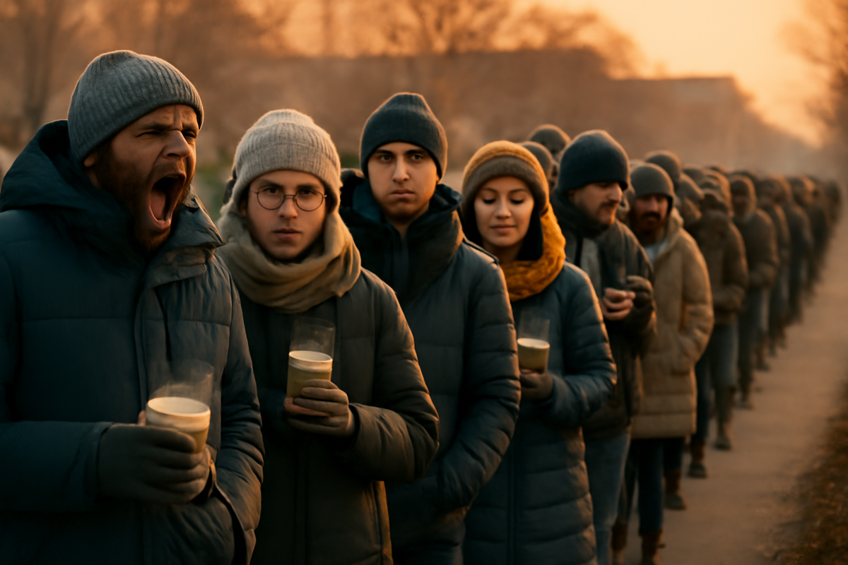 Long line of bundled-up shoppers in the cold morning light, clutching warm drinks, their faces a mix of exhaustion, determination, and hopeful anticipation.
