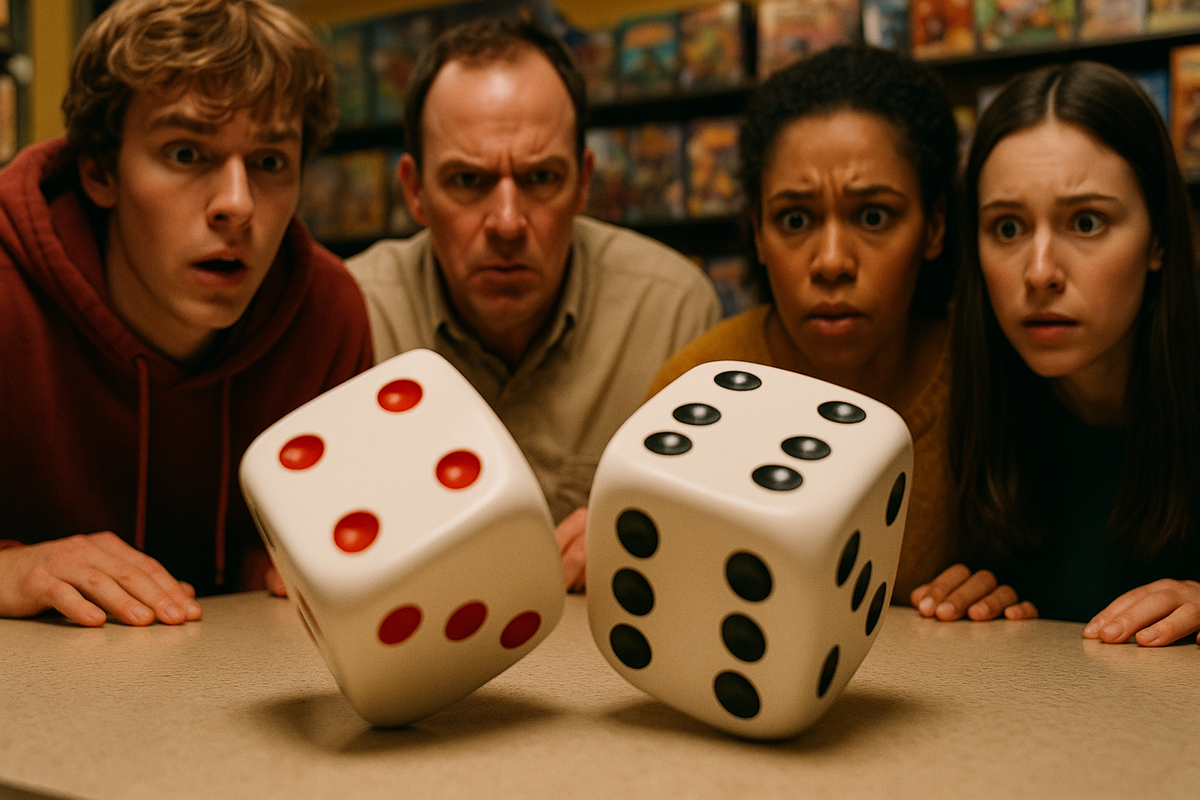 Four people frozen in suspense as oversized dice tumble mid-air, their eyes wide with shock and anticipation, embodying the tension of chasing a rare one-in-thirty-six chance