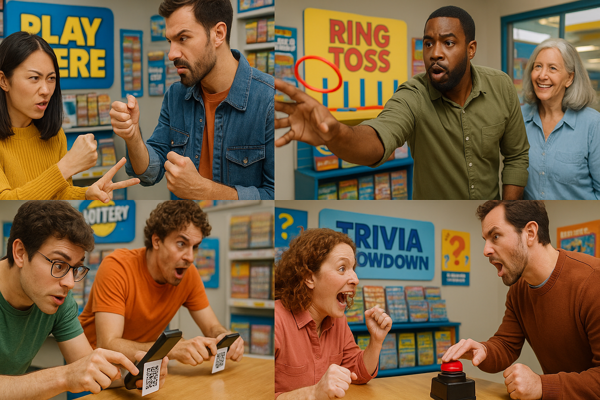 A vibrant collage of quirky in-store challenges—rock-paper-scissors duel, intense ring toss throw, frantic QR code scan, and heated trivia showdown—bursting with competitive energy and playful chaos