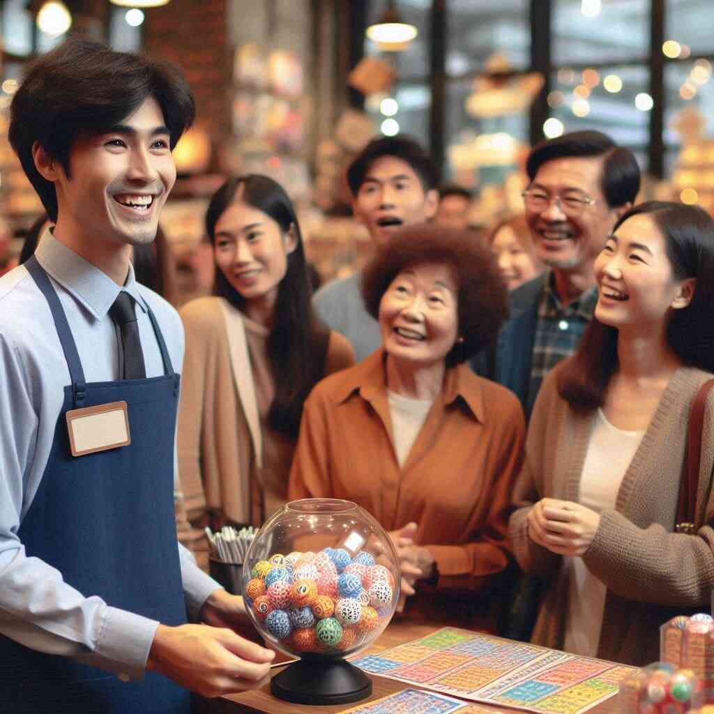 A smiling store clerk presenting a bowl of colorful lottery balls to an eager crowd, the atmosphere glowing with anticipation, community spirit, and the fragile hope of winning