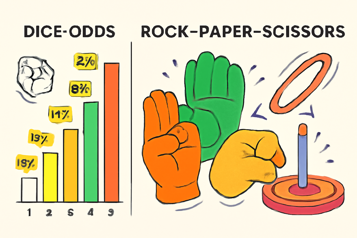 A bright illustrated chart showing quirky game odds alongside playful icons of dice, rock-paper-scissors hands, and a ring toss, evoking both humor and curiosity about the strange lottery methods