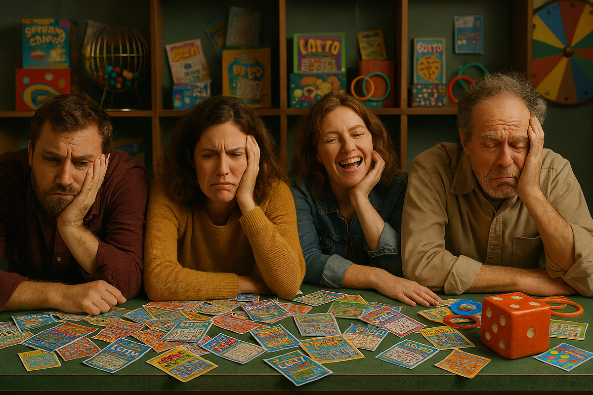 Four participants slumped over a table scattered with losing lottery tickets, their faces a mix of boredom, disappointment, and ironic laughter, perfectly capturing the absurdity of low-chance games