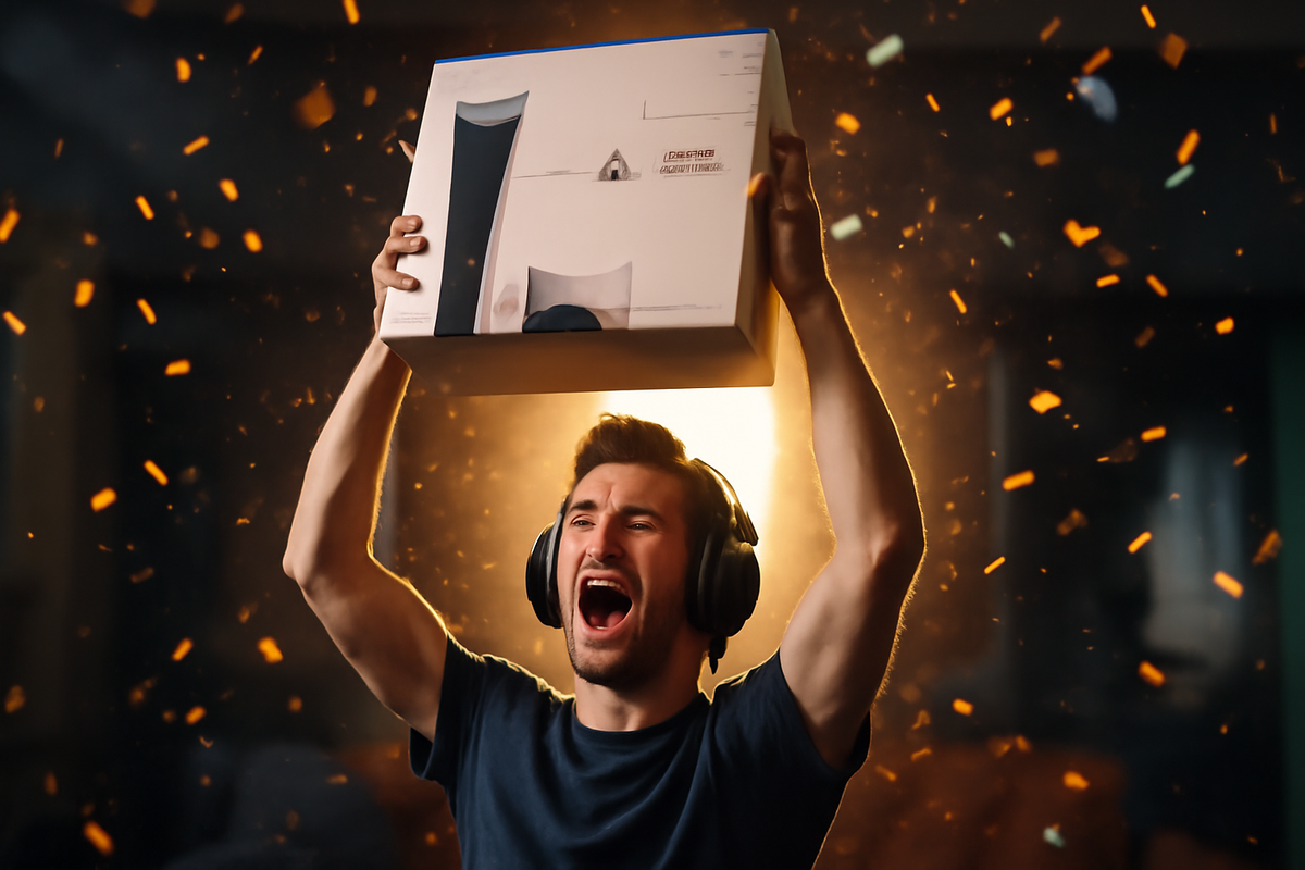 An ecstatic gamer triumphantly holding a brand-new console box above his head under a shower of golden confetti, glowing with joy, victory, and the pure rush of achievement.