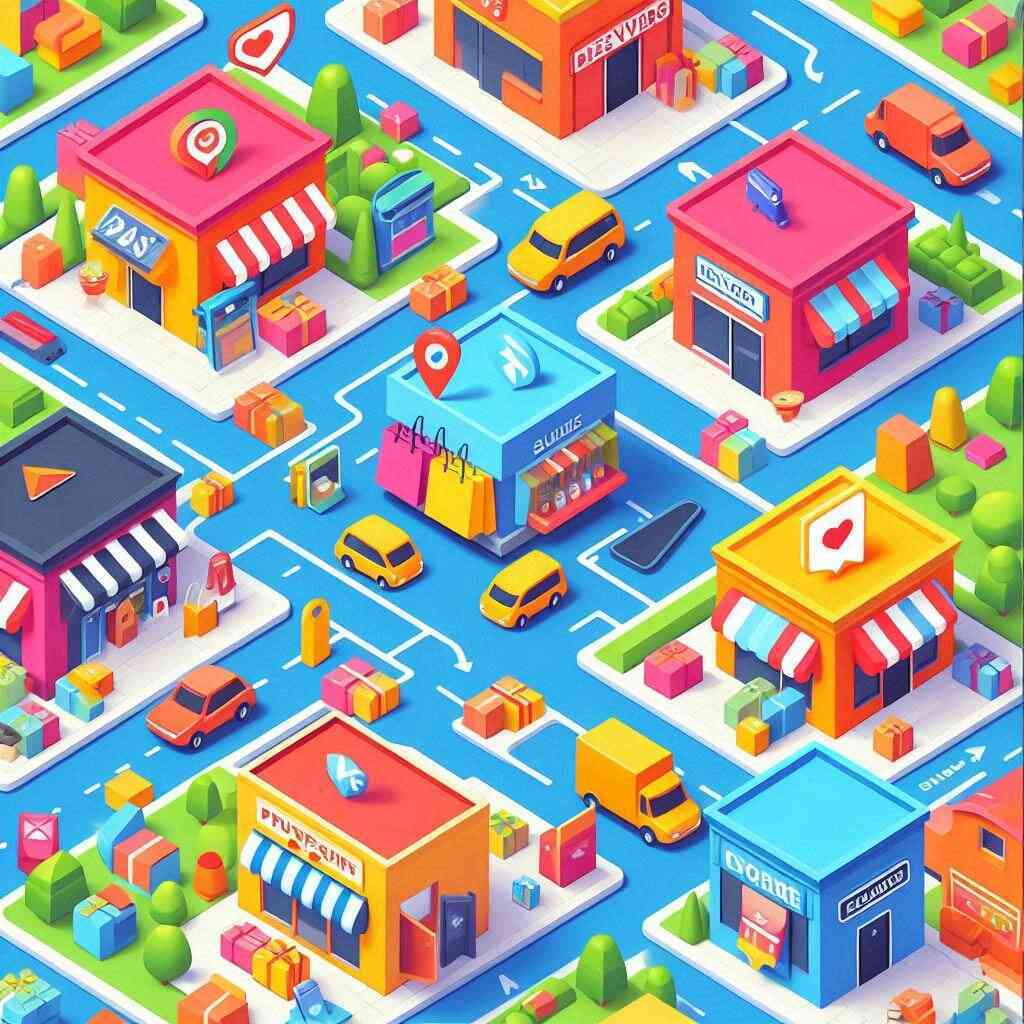 A colorful, playful isometric map of a shopping district, bursting with vibrant storefronts and cars, symbolizing the excitement, variety, and treasure-hunt feeling of game console shopping.