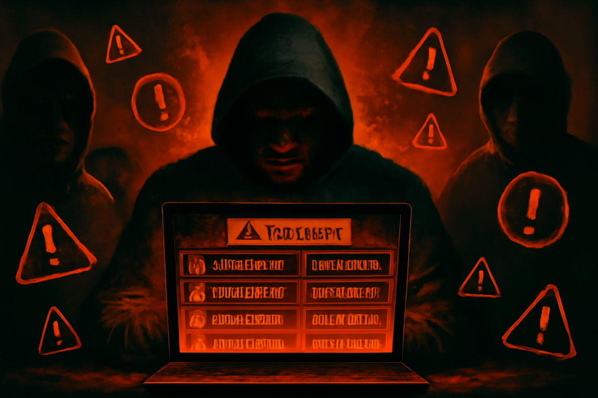 Dark, ominous scene with hooded figures lurking in red shadows, glaring over a glowing laptop filled with warning icons, conveying danger, deception, and the high-stakes threat of scams.