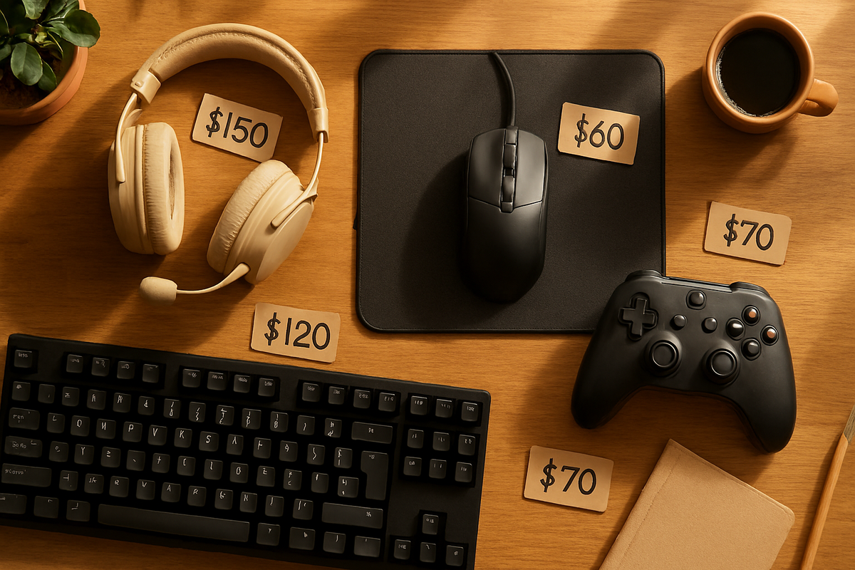 A neatly arranged gaming desk setup with accessories priced and displayed under warm lighting, radiating the satisfaction of preparation, smart investment, and gaming lifestyle ambition.