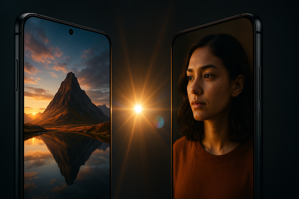 alt="Emotional contrast of smartphone displays — one capturing breathtaking sunset over a mountain lake, the other reflecting a thoughtful human gaze, evoking wonder and connection"