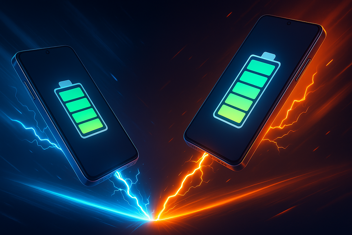 alt="Two smartphones locked in an electrifying battery duel, vibrant blue and orange energy bolts clashing, radiating power and unstoppable momentum"