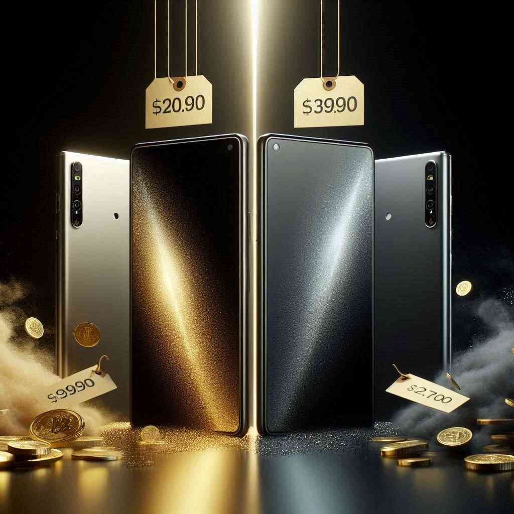 alt="Luxury and affordability collide — smartphones surrounded by flying golden coins, dramatic price tags hanging, evoking temptation and value-driven excitement"