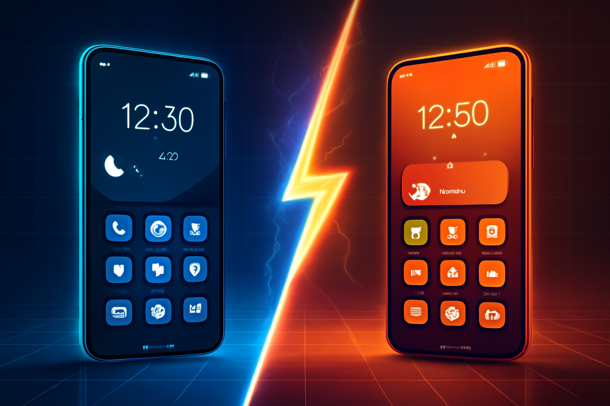 alt="Dramatic split-screen of two glowing smartphone interfaces, connected by a lightning bolt, symbolizing rivalry, speed, and cutting-edge innovation"