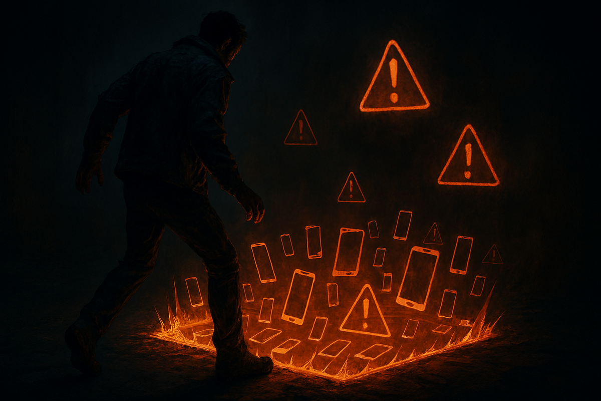 alt="Man standing at the edge of a fiery pit filled with glowing smartphone and warning icons, evoking danger, caution, and high-stakes decisions"