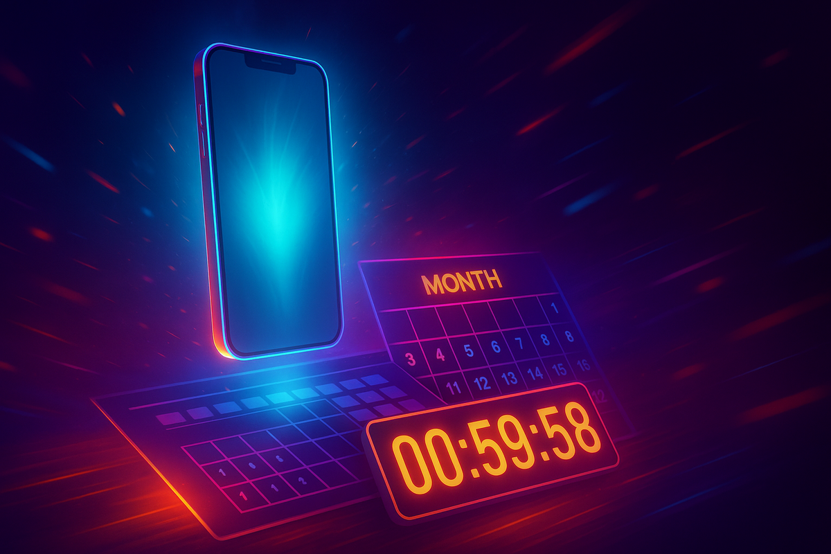 Blazing futuristic countdown with glowing smartphone and high-speed calendar, capturing the adrenaline of a last-minute iPhone17 preorder race against time.