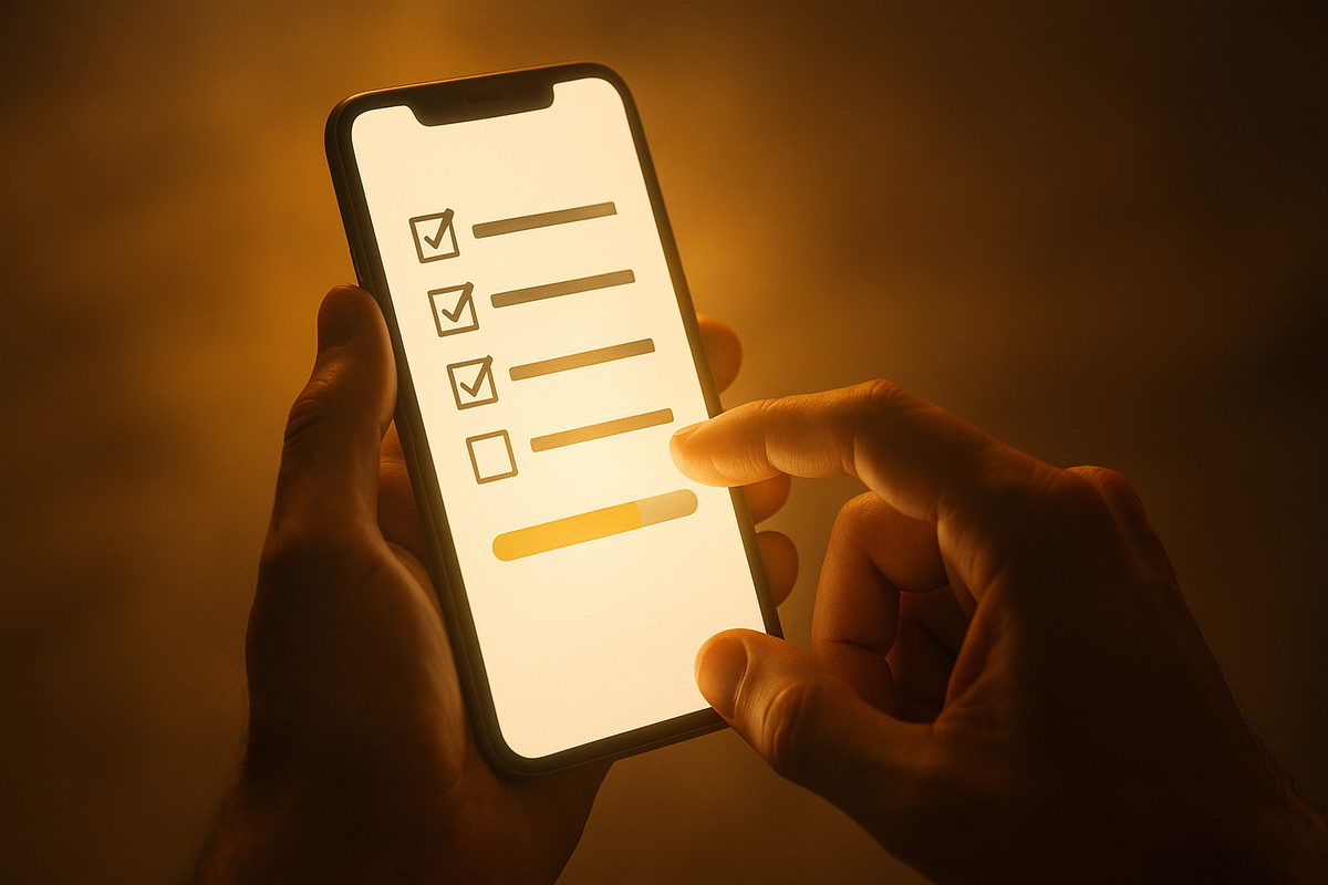 Golden warm-toned close-up of hands completing a checklist on a smartphone, evoking the satisfaction and confidence of securing your iPhone17 reservation flawlessly.