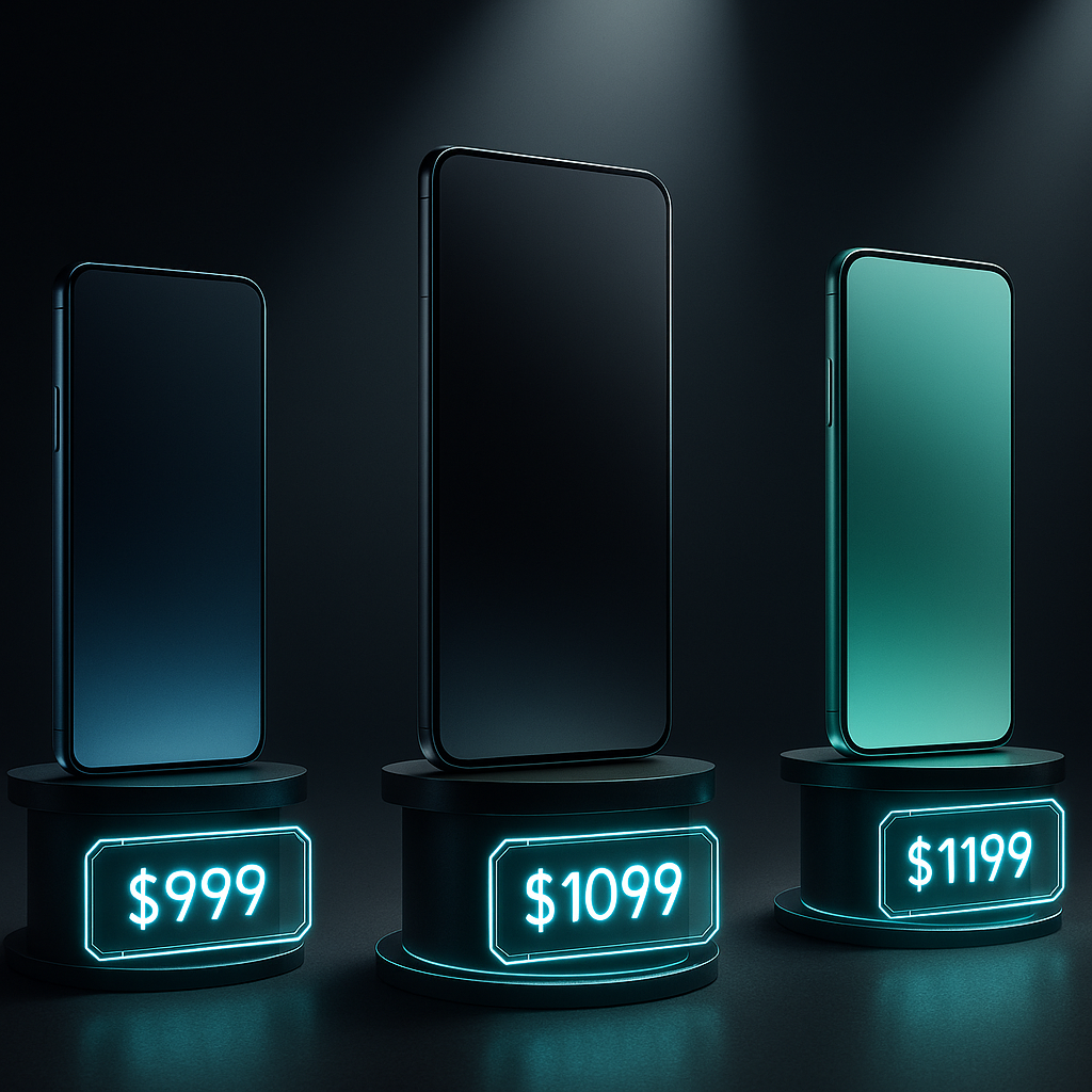 Dramatic spotlight on three sleek next-gen smartphones with glowing digital price tags, conveying the excitement and anticipation of choosing your perfect iPhone17 model.
