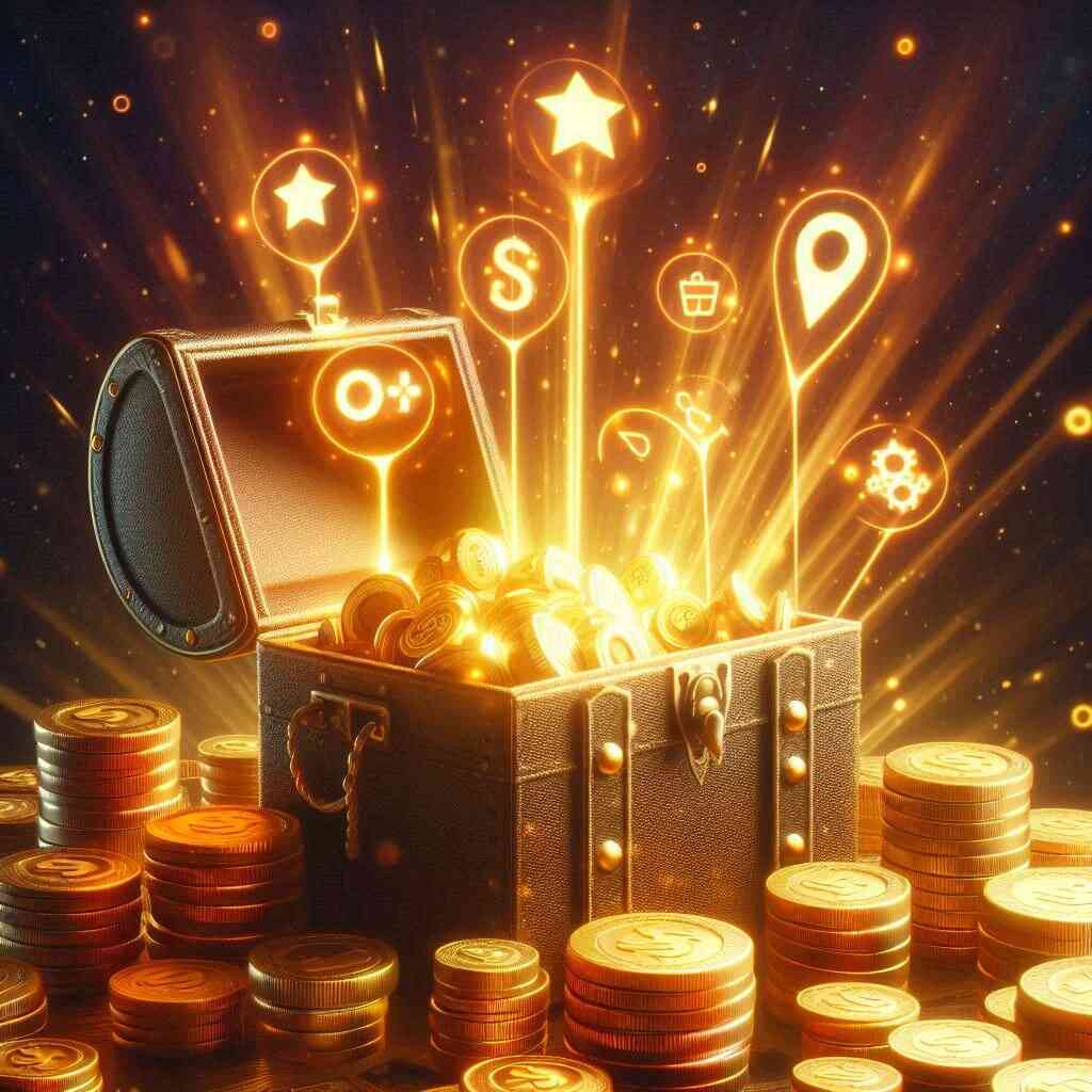 Treasure chest bursting with golden coins and glowing icons, symbolizing the thrill of unlocking massive rewards and exclusive perks with your iPhone17 preorder.