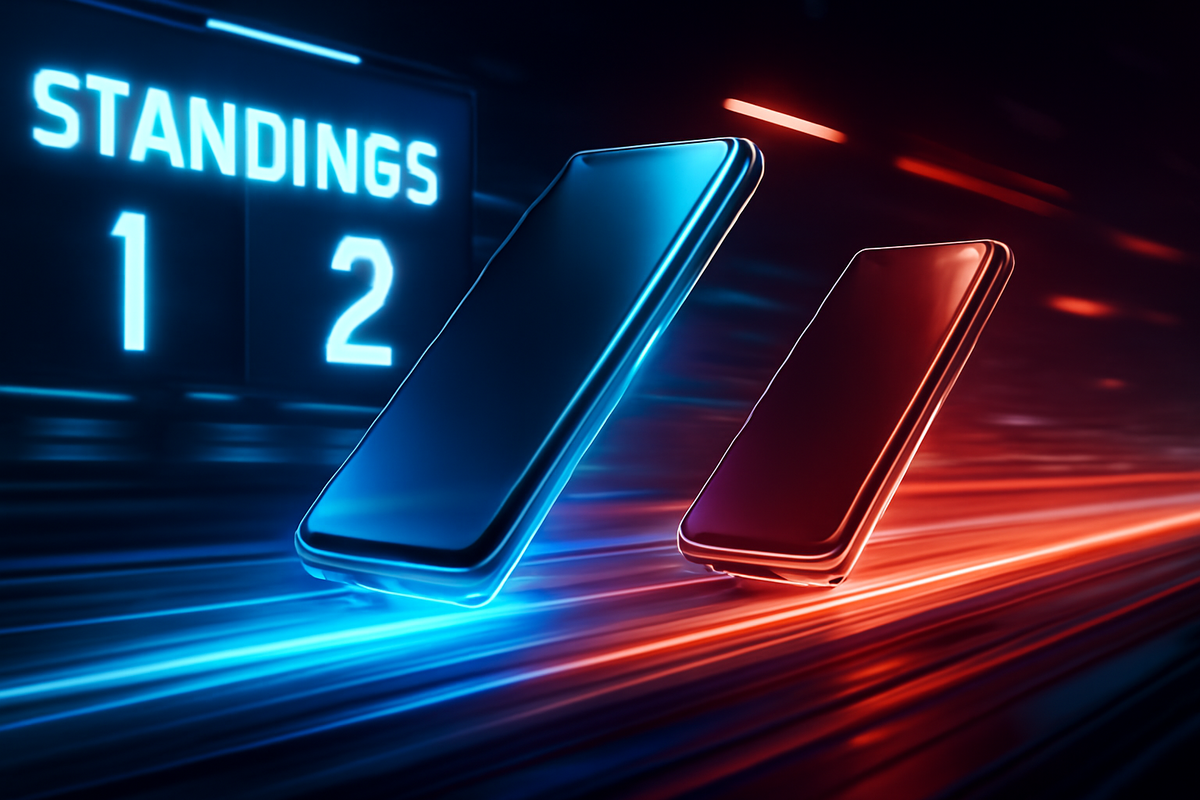 High-speed race between two glowing smartphones on a neon track, embodying the fierce competition to be first in line for the coveted iPhone17.
