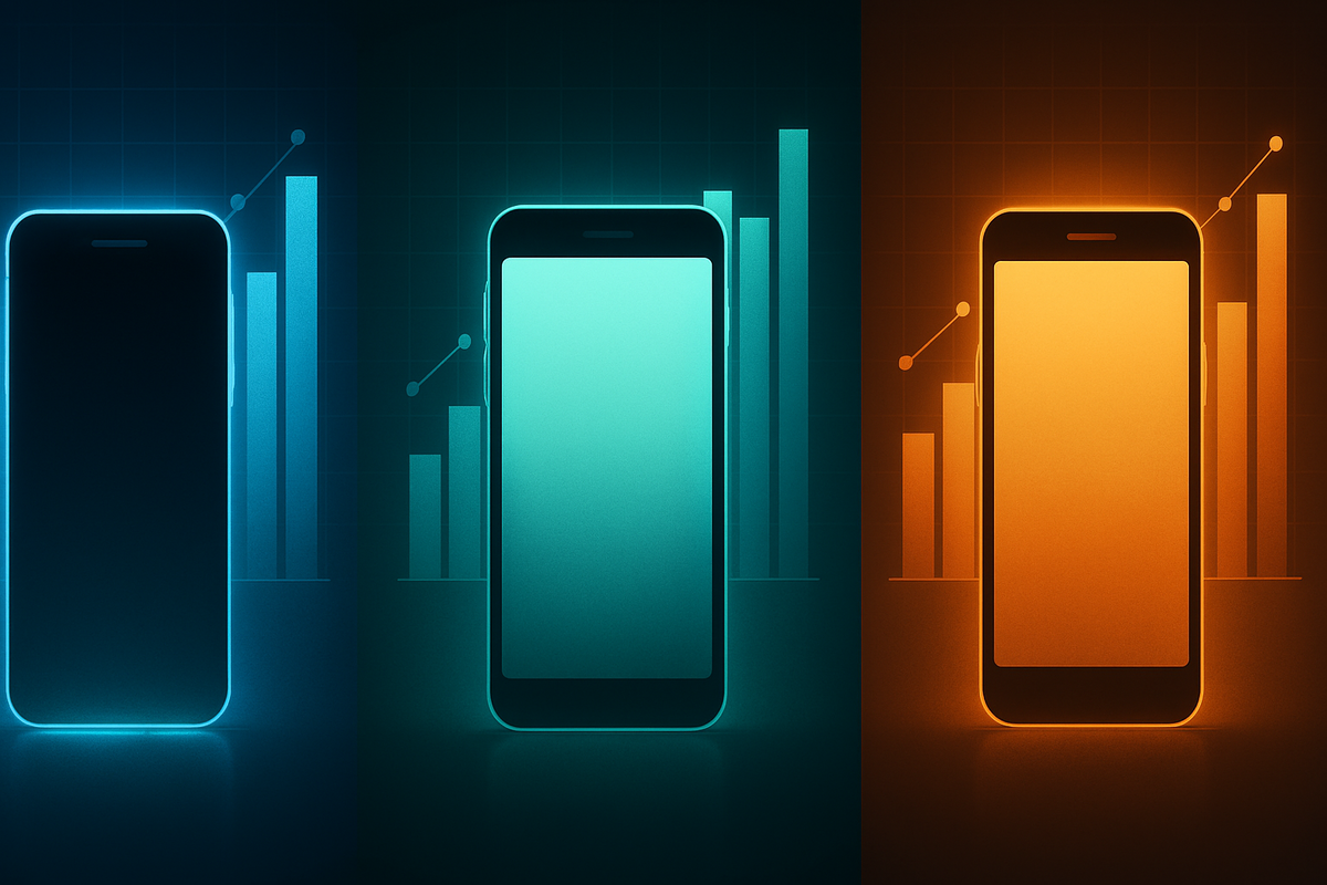 High-speed race between two glowing smartphones on a neon track, embodying the fierce competition to be first in line for the coveted iPhone17.