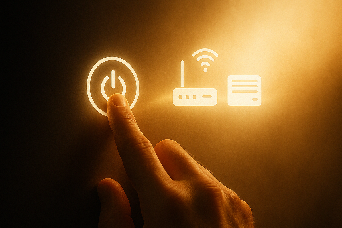 "Golden glow of a finger pressing the power symbol beside icons of a router and modem, radiating warmth, hope, and the comforting promise of a fresh start for a troubled connection"