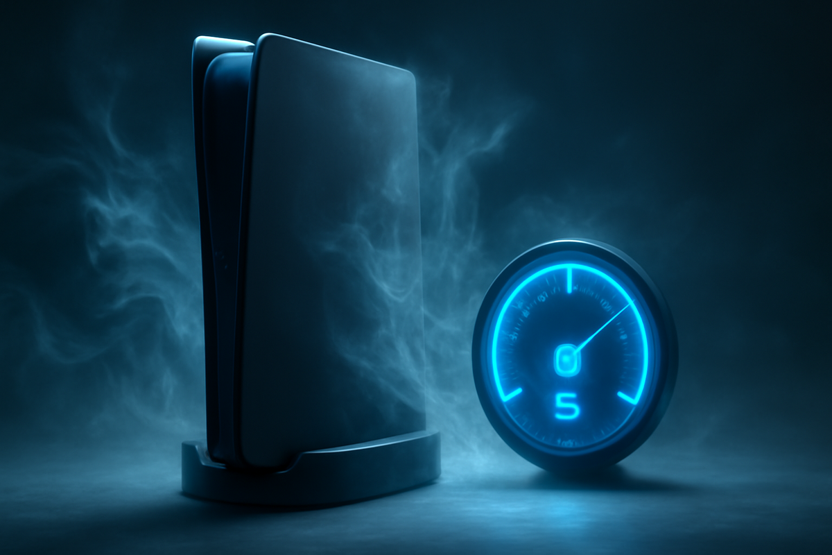 "Mysterious console surrounded by curling blue smoke, glowing speedometer locked at zero, conjuring the chilling dread of overheating and performance collapse"