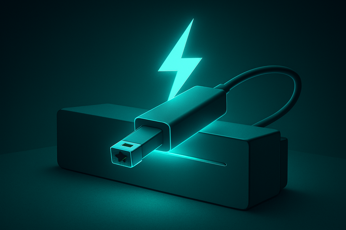"Glowing teal USB LAN adapter with a lightning bolt symbol, radiating unstoppable power and the exhilarating triumph of a flawless wired connection"