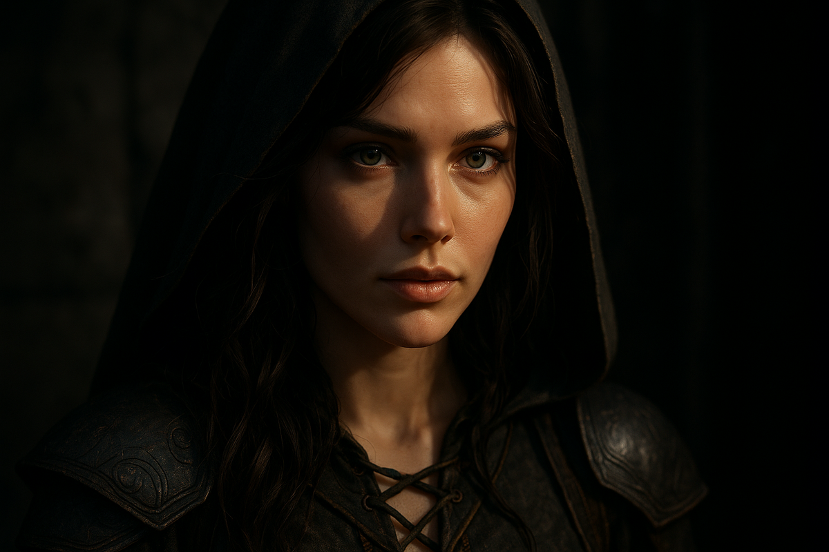 A mysterious hooded heroine with piercing green eyes, bathed in soft shadow, radiating quiet strength and untold stories, evoking the feeling of destiny and courage in a dark fantasy world.