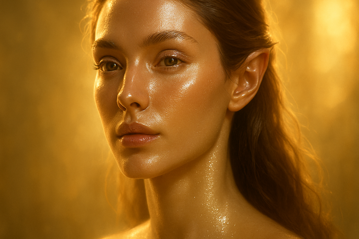 An ethereal golden-lit elf maiden with flawless shimmering skin, her serene gaze filled with grace and purity, embodying an almost divine, timeless beauty that feels like a dream made real.