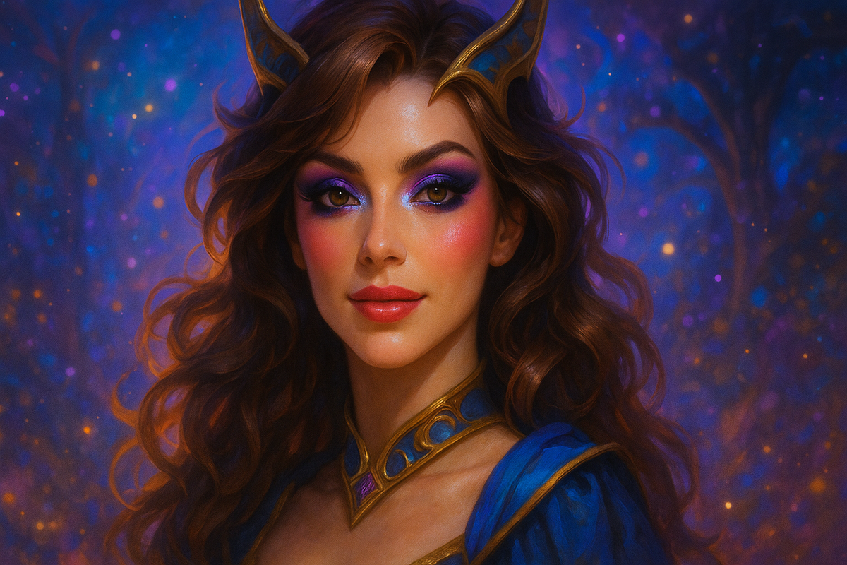 A captivating fantasy sorceress with flowing hair and vibrant, mystical makeup, surrounded by a glowing night sky, exuding confidence, enchantment, and an aura of irresistible magic.