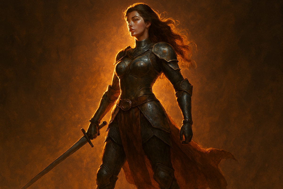 A fierce female warrior in burnished armor, standing tall against a blazing orange backdrop, her sword ready, radiating defiance, strength, and unwavering resolve in the heat of battle.