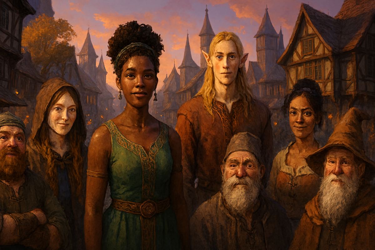 A diverse gathering of villagers—elves, humans, and wizards—standing together in a warm sunset-lit medieval town, radiating unity, community spirit, and the heart of a living fantasy world.