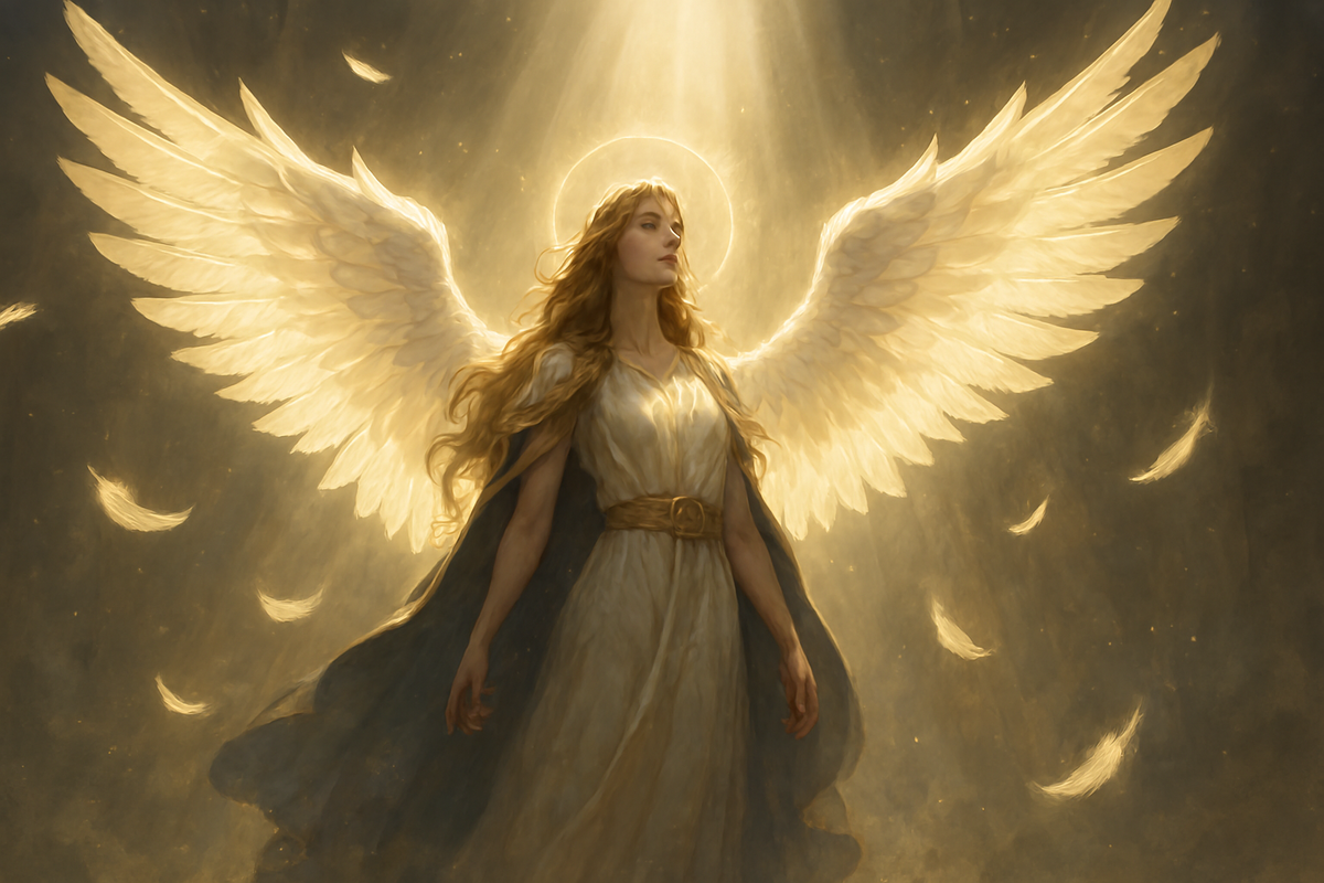 A radiant angelic figure with vast golden wings and a glowing halo, standing in beams of heavenly light, exuding divinity, protection, and a transcendent sense of hope and awe.
