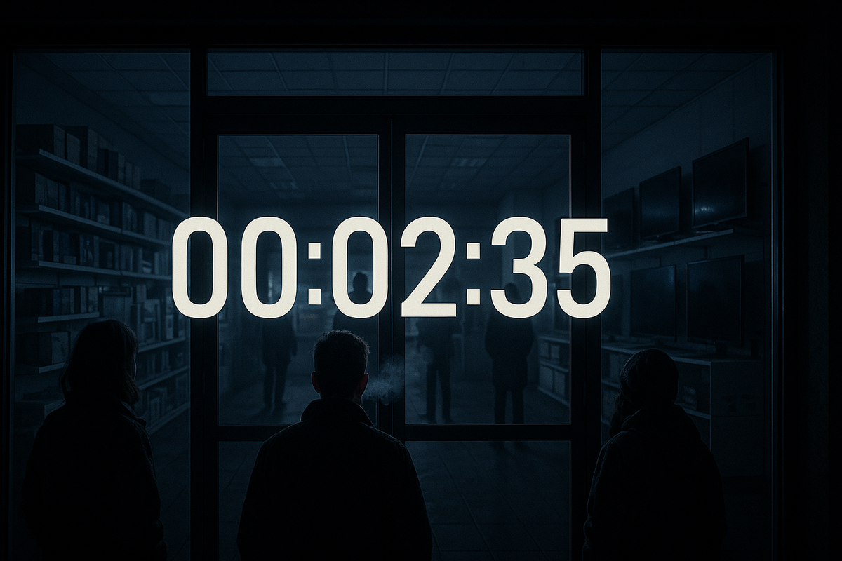A dramatic countdown timer on a dark storefront window, silhouetted figures waiting in the cold, breath visible in the frozen air, radiating tension and excitement, 16:9